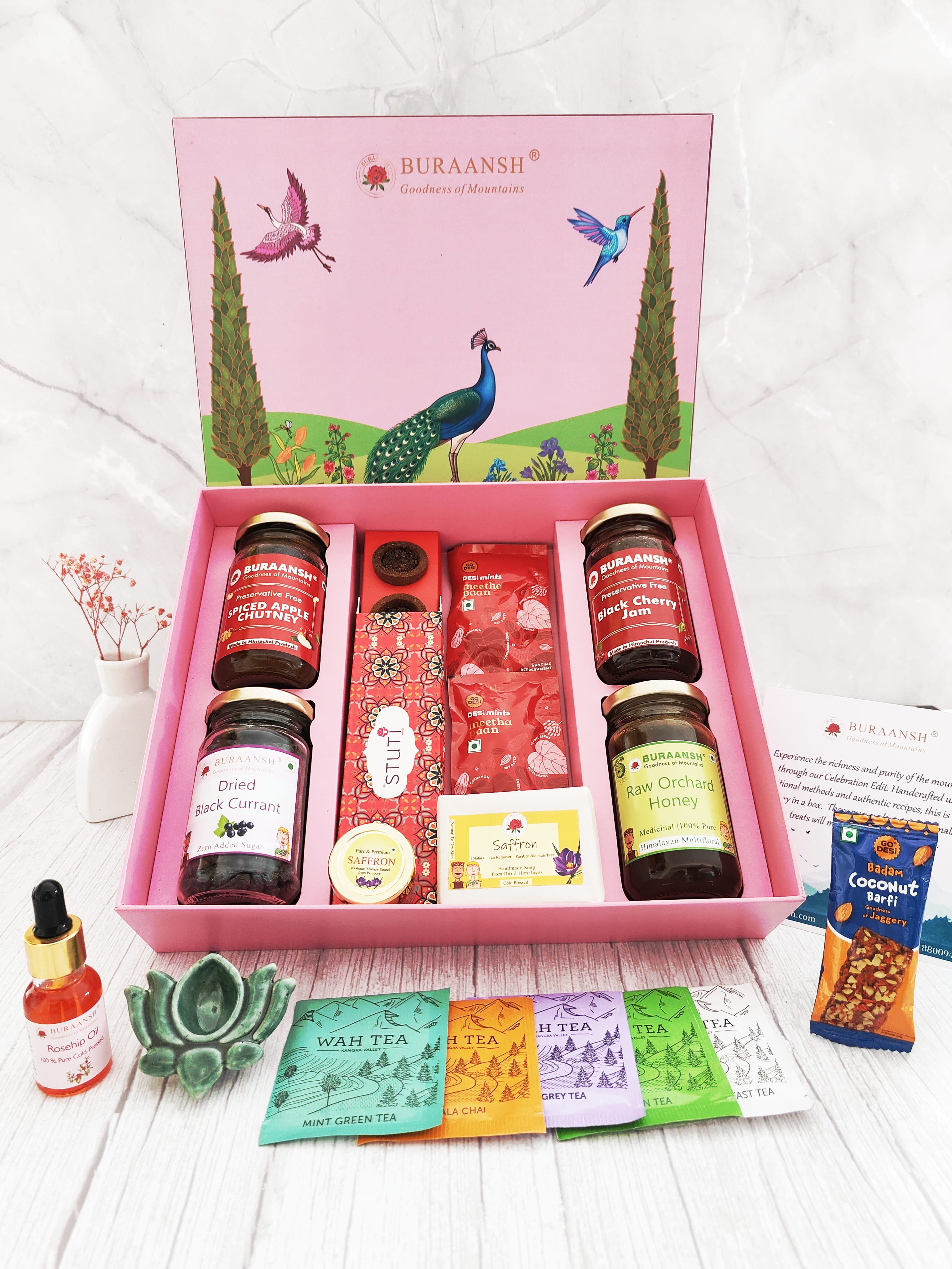 BURAANSH gift box with assorted food and natural cosmetic wellness products.