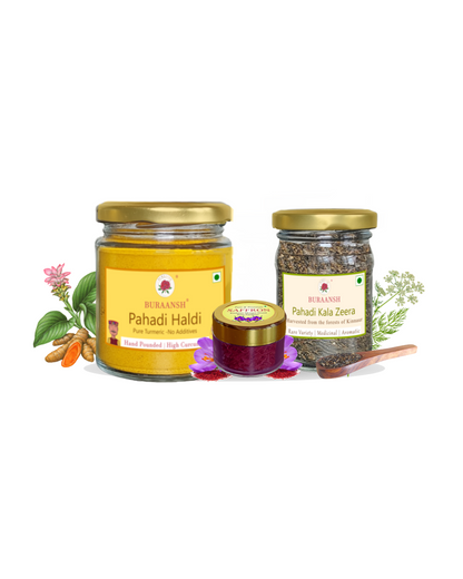 Pahadi Spices including Pahadi Haldi, Kashmir Saffron and Pahadi Kala Zeera Combo Offer