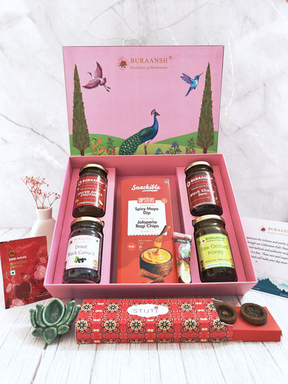 An assorted gift box of food products packed in a stunning luxurious gift box 