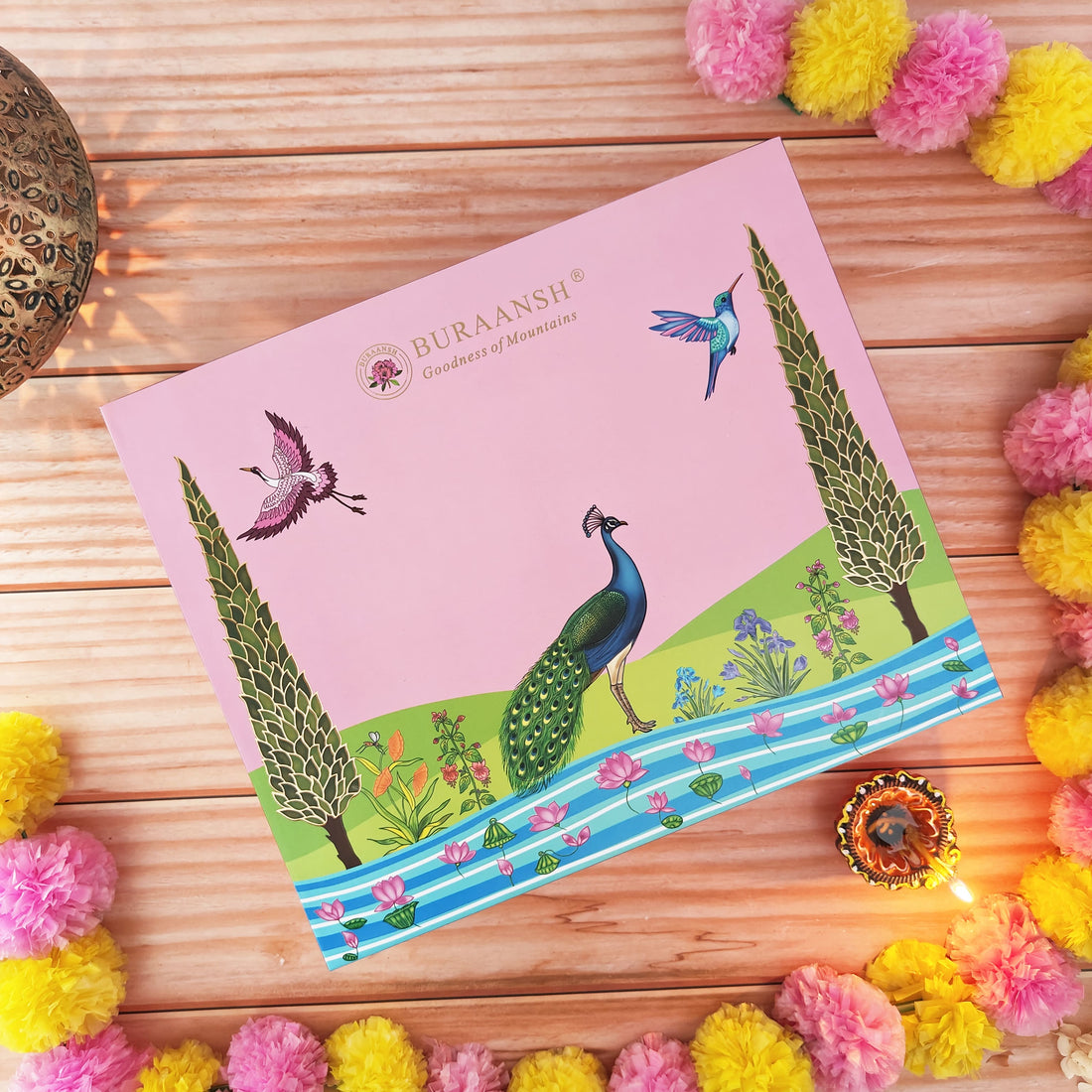 A luxurious diwali festive gift box with detailed handpainted illustration