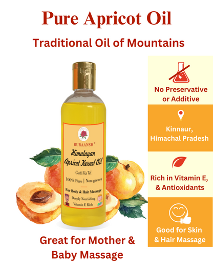 Himalayan Apricot Kernel Oil aka Gutti Ka Tel is Pure and RIch in Vitamin E. It is procured from Kinnaur, Himachal Pradesh and is good for skin and hair massage.