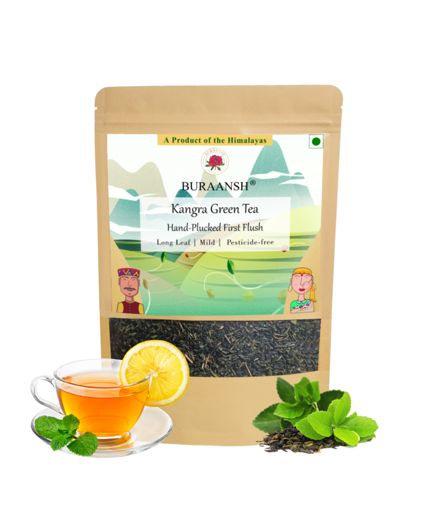 Kangra Green Tea is hand-plucked and is long leaf with low caffeine